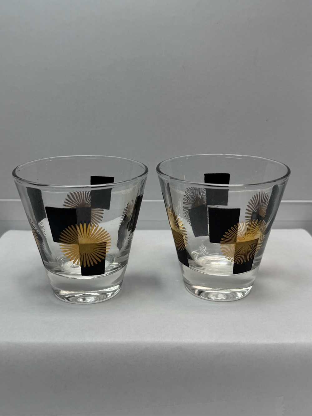 Vintage Atomic Double Shot Glasses Set (2) Gold Black Mid Century Modern Barware